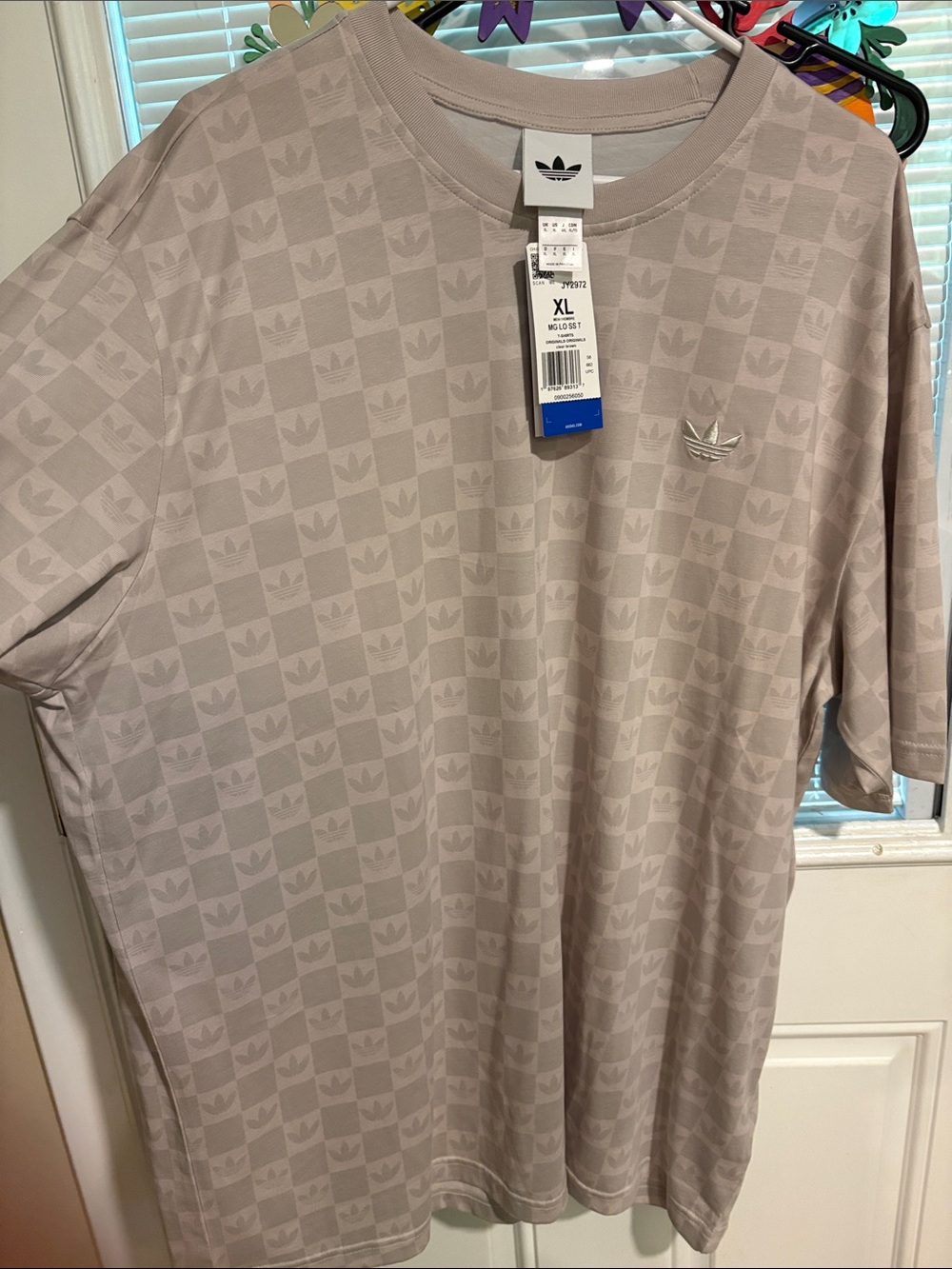 adidas Men's Checker Trefoil Tee - Light Beige. Men’s XL